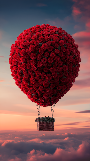 Romantic Red Rose Hot Air Balloon Above Pink Sunset Clouds - Free mobile Wallpaper