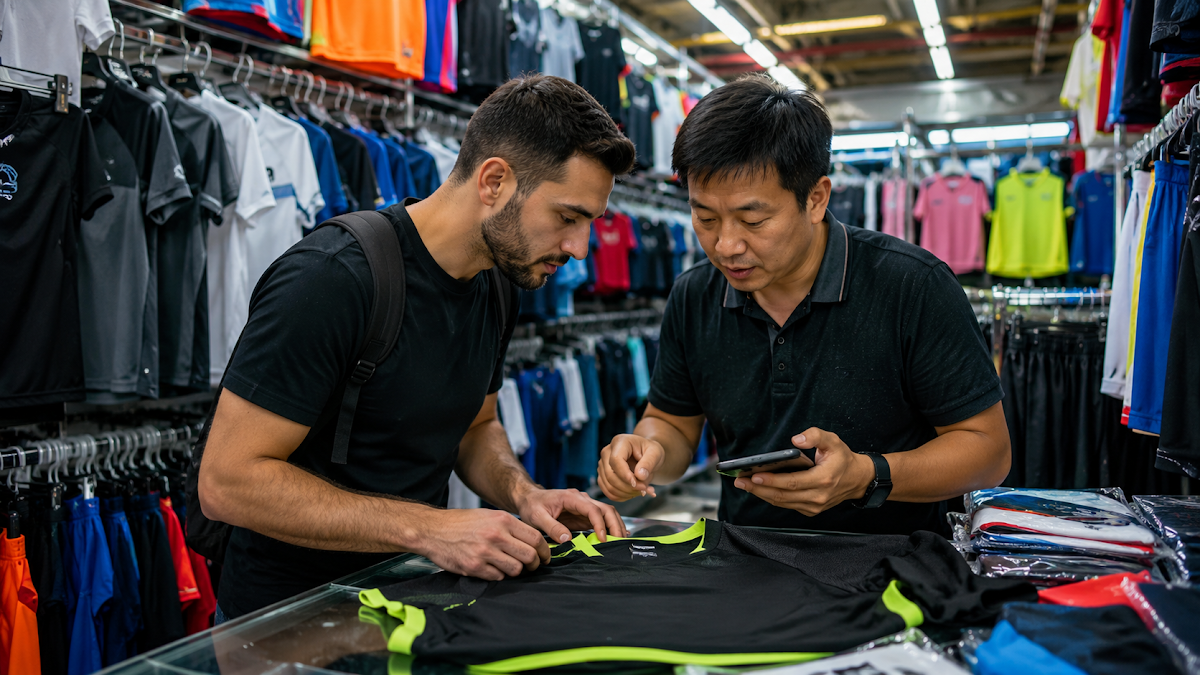 A buyer negotiating price and order quantity with a sportswear supplier in Guangzhou
