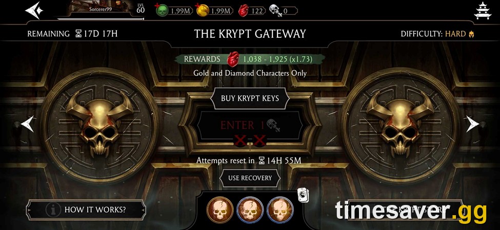 Krypt Gateway screen in MK Mobile showing Hard difficulty, the expected Krypt Hearts range with a bonus multiplier and the Buy Krypt Keys button