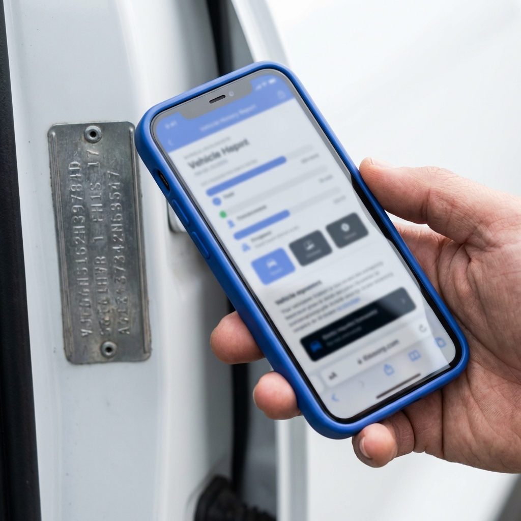 Close up of a vehicle VIN plate and smartphone showing a blurred vehicle history report for a Kelley Blue Book vs NADA comparison in CarFax Deals minimalist style