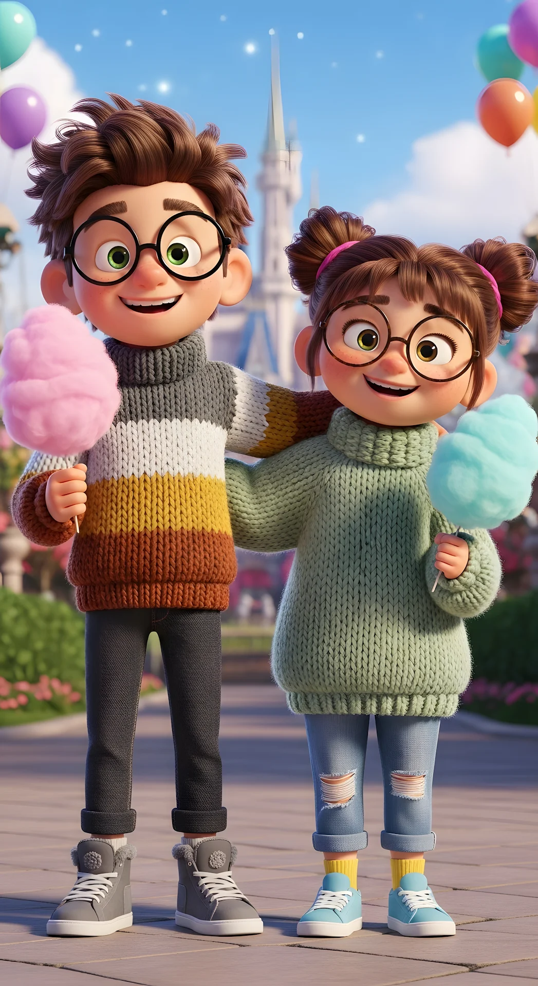 Cheerful 3D Animated Couple Holding Cotton Candy - Free 4K mobile Wallpaper