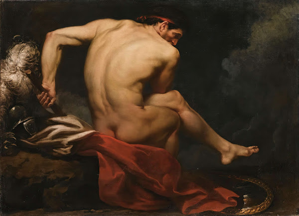 ANaked Warrior Seated On A Rock Beside His Shield And Plumed Helmet