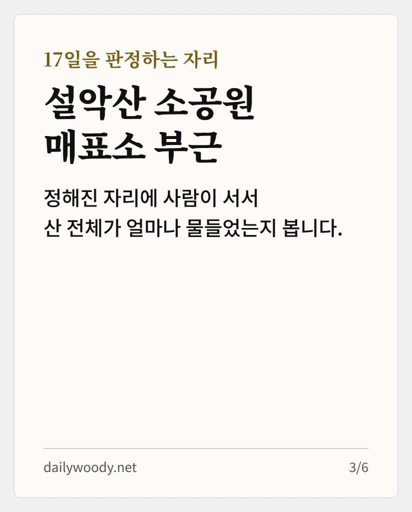기상청은 설악산 소공원 매표소 부근에서 산을 보고 판정합니다 (카드 3/6)