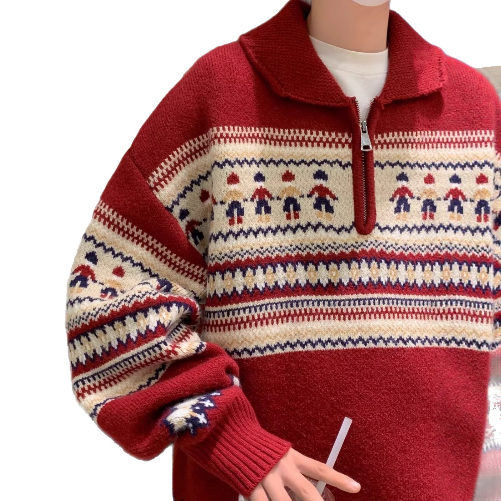 Christmas Knitted Sweater, Polo Collar, Vintage Style