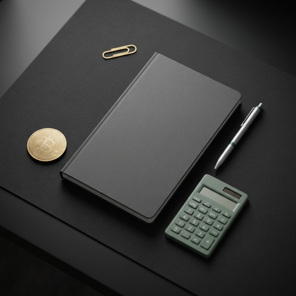 Minimal overhead flat lay of home desk with a closed notebook a calculator and a physical Bitcoin token on dark background with green and gold accents