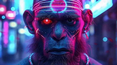 Ai Art, Ape, Hybrid Animal, Cyborg, Neon 5K Wallpaper Background