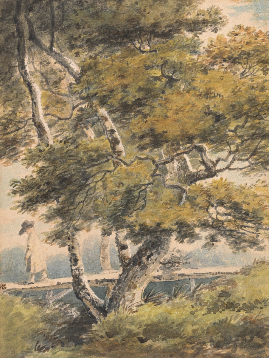 Trees with a Man Crossing a Footbridge