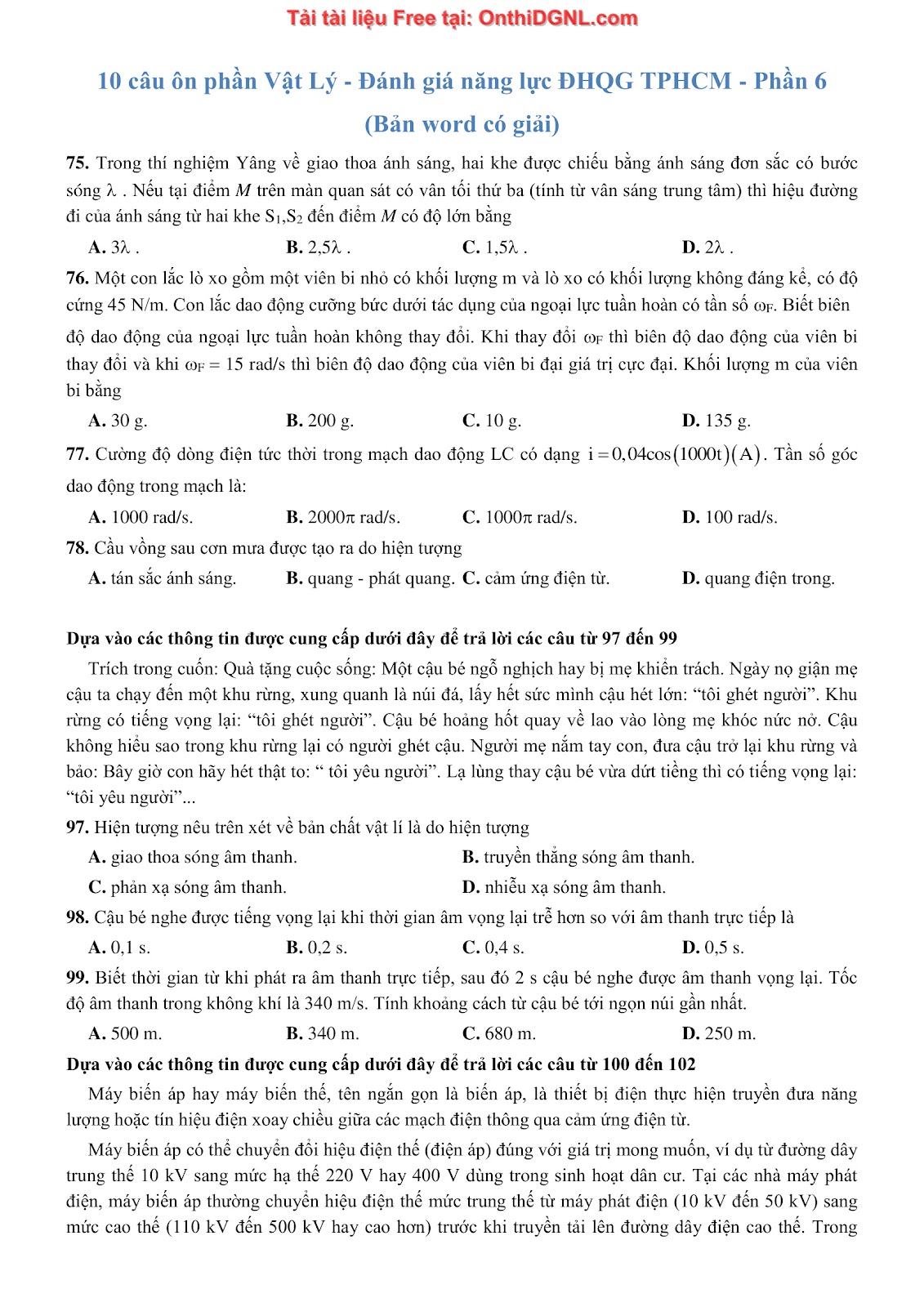 300 bài tập môn Vật Lý - Ôn thi ĐGNL ĐHQG TPHCM Phần 6