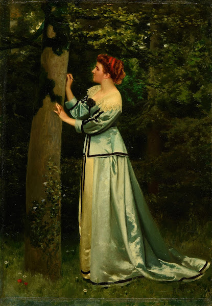 Jeune femme écrivant sur un arbre ca 1867