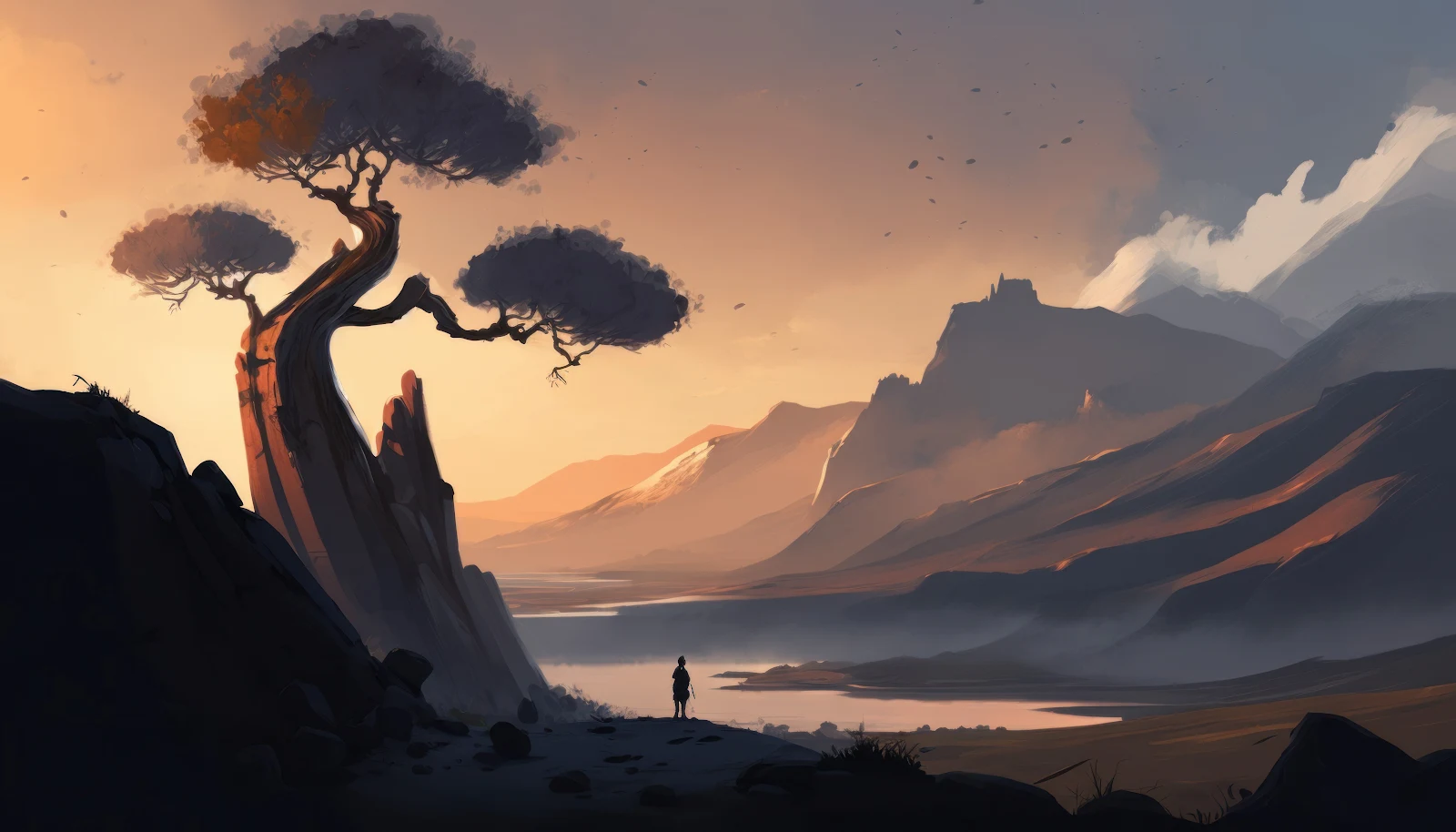A Stunning Ai Art, Illustration, Landscape, Trees, Mountains 4K Desktop and Mobile Wallpaper Background (4579x2616)