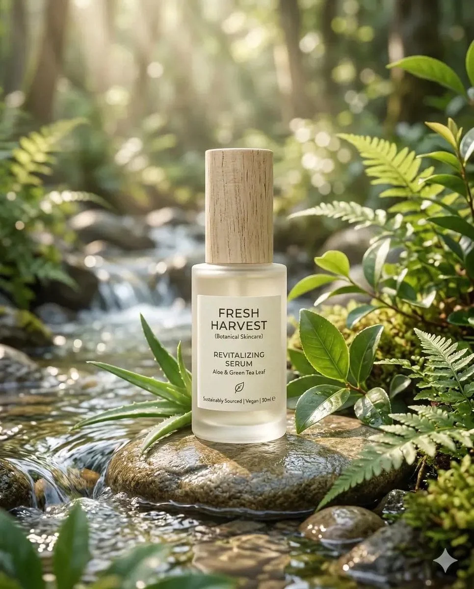 Producto de cuidado de la piel ecológico “Frasco minimalista para el cuidado de la piel hecho de vidrio esmerilado, colocado en un entorno natural sereno...