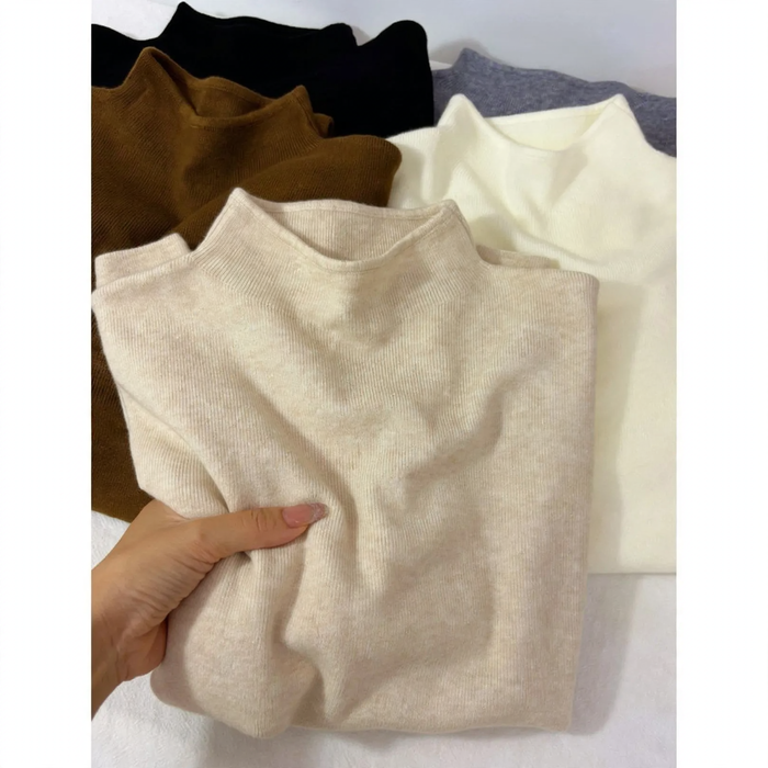 Women's knitted sweater with stand-up collar, solid color