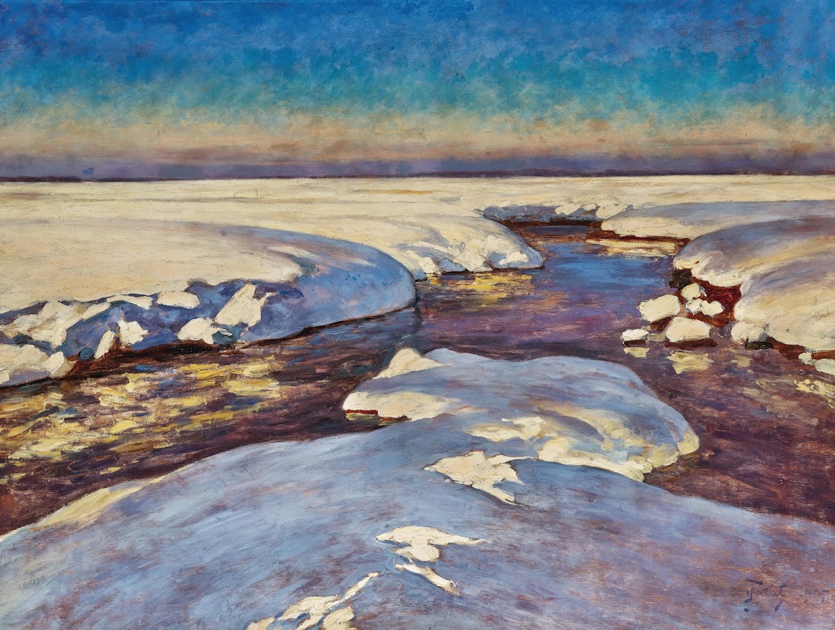 Sunset Over A Snow Covered Stream 1907