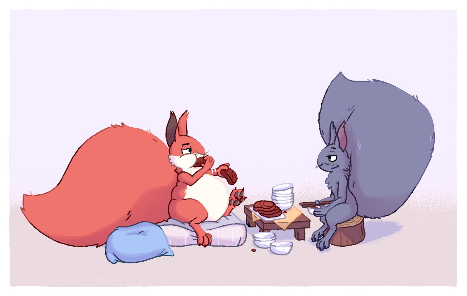 fat squirrel at a table with a smaller squirrel