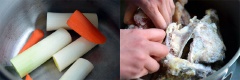 Hành boa rô, cà rốt làm sạch, thái khúc ngắn. Xương gà rửa sạch nhiều lần với nước muối rồi cho vào nồi áp suất cùng với nước, cần tây, cà rốt. Bật công tắc nấu trong 2 giờ. Lọc nước dùng qua rây sau khi nấu xong nhé.