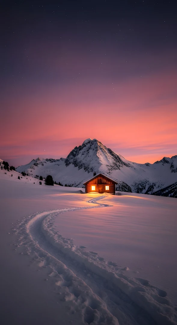 Cozy Wooden Cabin in Snowy Mountains at Sunset