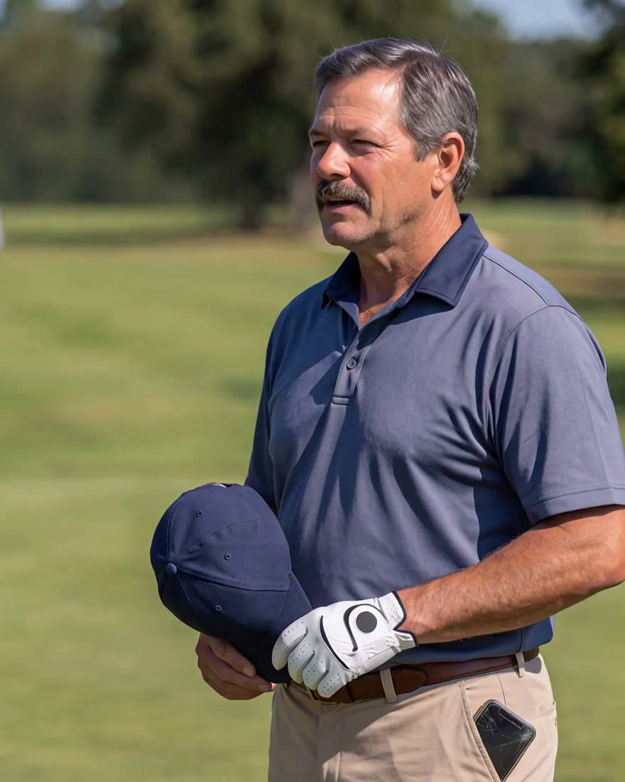 Gary Nunez, golf-day state — slate polo, cap in hand
