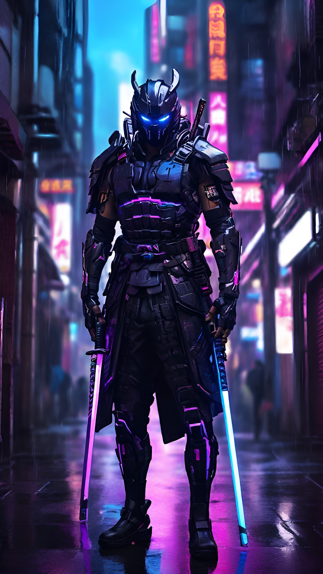 Neon Cyberpunk Samurai Warrior City Street - Free 4K mobile Wallpaper
