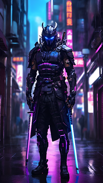 Neon Cyberpunk Samurai Warrior City Street - Free mobile Wallpaper