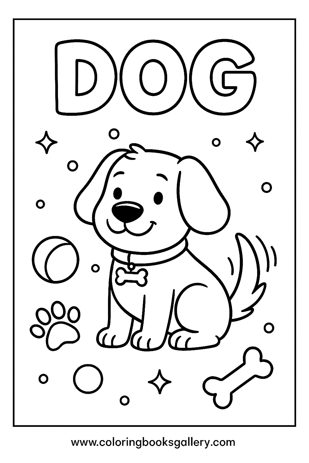 Fun coloring page to learn the English word 'Dog' for kids – printable coloring page