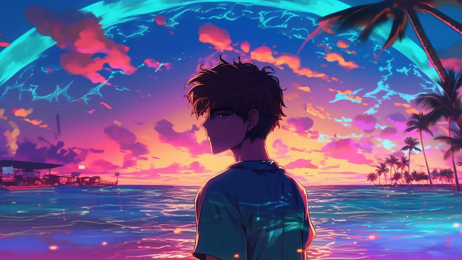 Boy Vaporwave Sunset Glow Palm Trees Yacht Relaxing 4K Desktop Wallpaper Background [3840x2160] Free Download