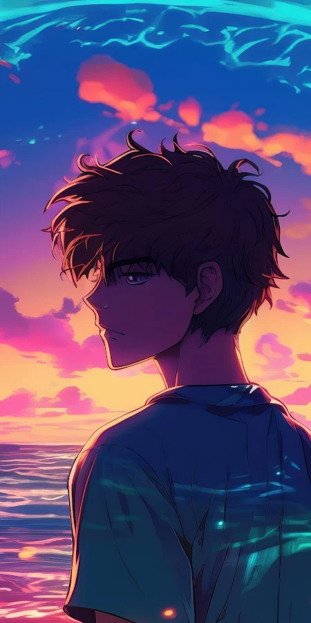Anime, Retrowave, Ocean, Sunset 4K Phone Wallpaper