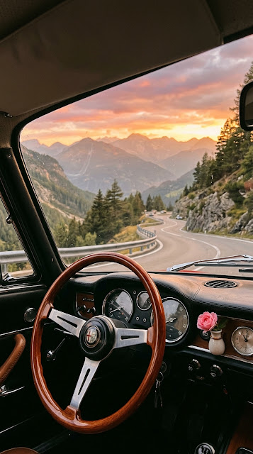 Scenic Mountain View from Vintage Car Dashboard at Sunset - Free mobile Wallpaper