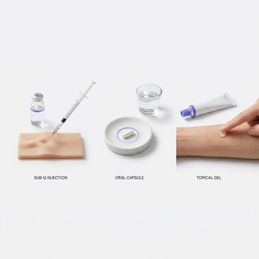 Minimalist full frame schematic of injection vial and syringe oral capsule on dish and topical gel application on white background bpc 157 peptide