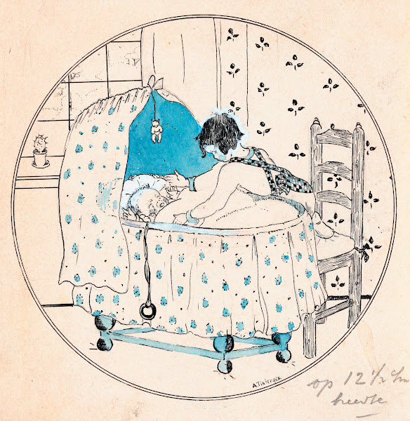 Meisje wil baby uit wieg tillen 1925