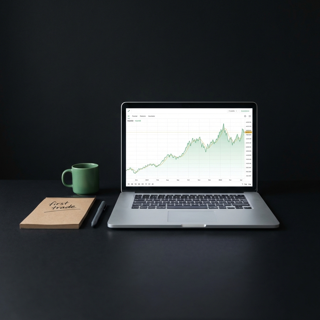 Minimalist retail desk with laptop showing a simple ETF chart and a notepad with first trade note in Finance Police colors best stocks to buy with $100