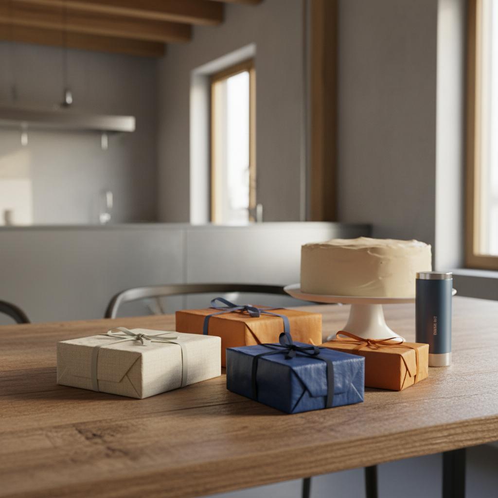 Naheinstellung eines Esstisches mit verpackten Geschenken und einer simplen Vanilletorte – passend zu Was kann man als Erlebnis schenken? Minimalistisch, warmes Licht.