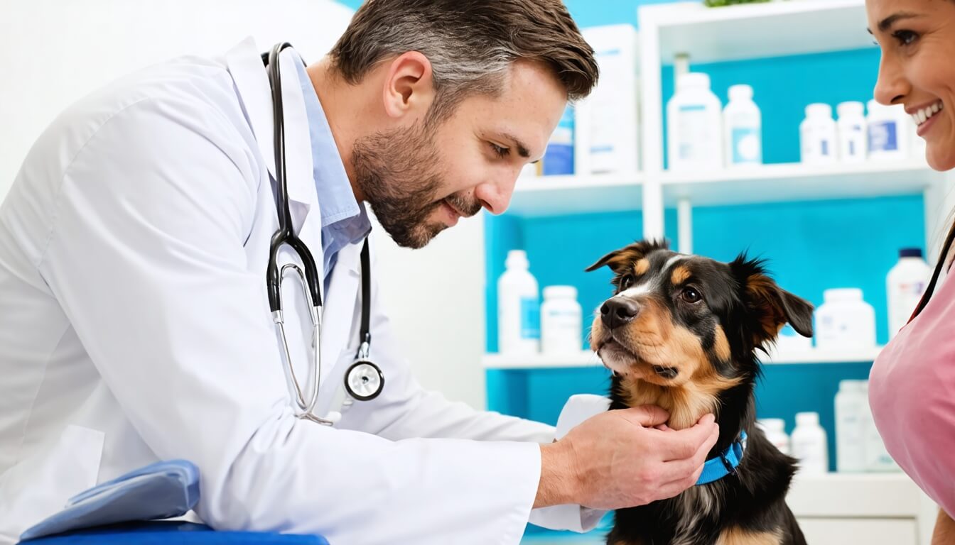 A veterinarian consulting with a dog owner about probiotic supplements