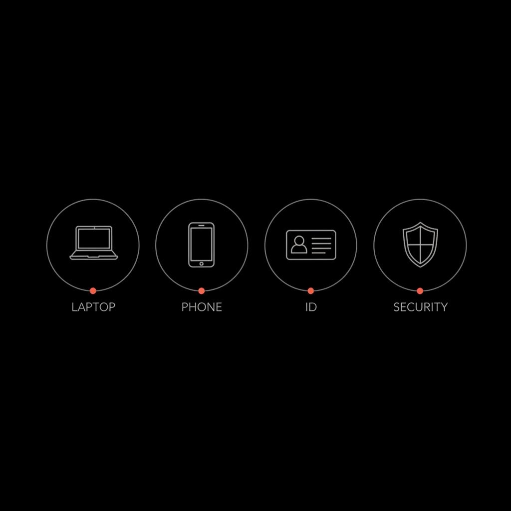 Minimal vector infographic on black background with laptop, phone, ID card and shield icons, light labels and orange accent dots — Facebook account recovery cost