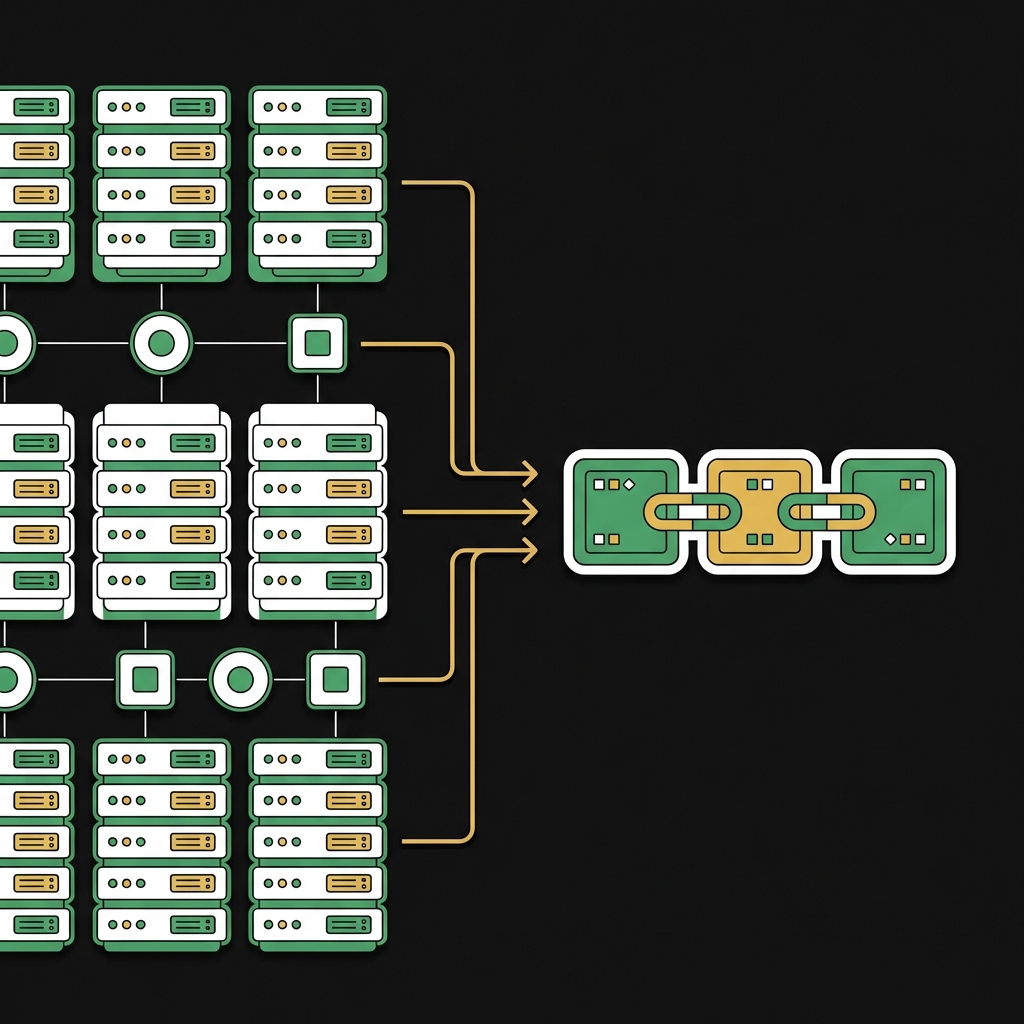 Minimal flat illustration of an off chain compute cluster with arrows pointing to a simple chain of blocks representing blockchain stock anchor on a dark brand background