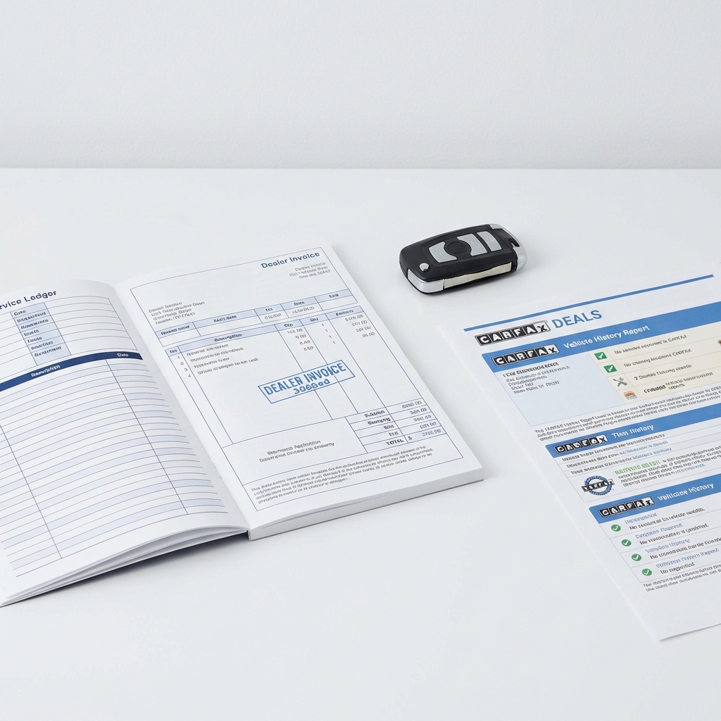 Close up of vehicle service ledger stamped dealer invoice car key and printed vehicle history report with 3666ed header accent representing a reliable Nissan