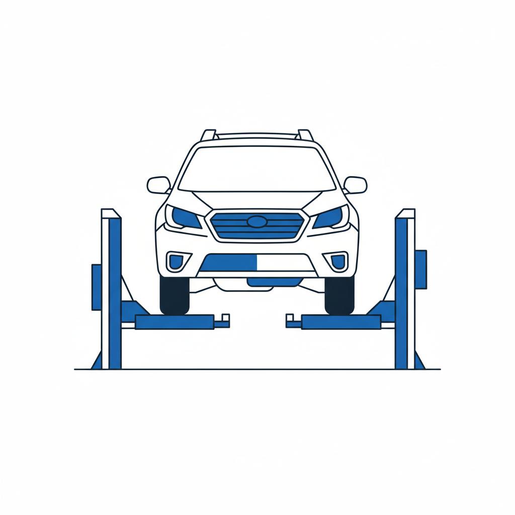 Minimalist 2D vector of a Subaru Outback on a service lift showing transmission and oil pan highlighted in brand blue subaru outback for sale
