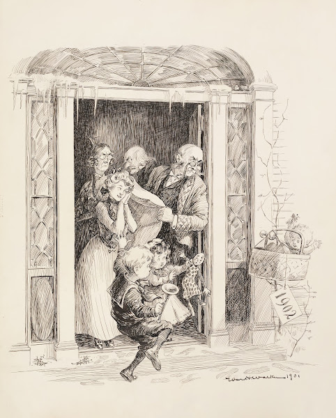 A baby representing the new year of 1902 is left on the doorstep of a house 1902