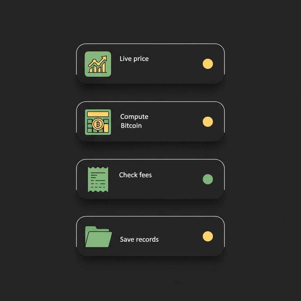 Minimal 2D vector checklist for cryptocurrency investors showing four flat icons for live price compute bitcoin check fees and save records on a dark Finance Police branded background