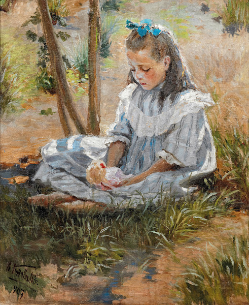 A Young Girl Playing With A Doll 1907