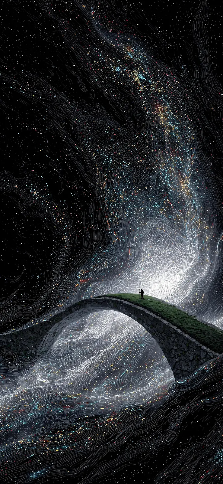Lone Figure On Starry Bridge - Surreal Digital Art 2K iPhone Wallpaper (1793x3884)