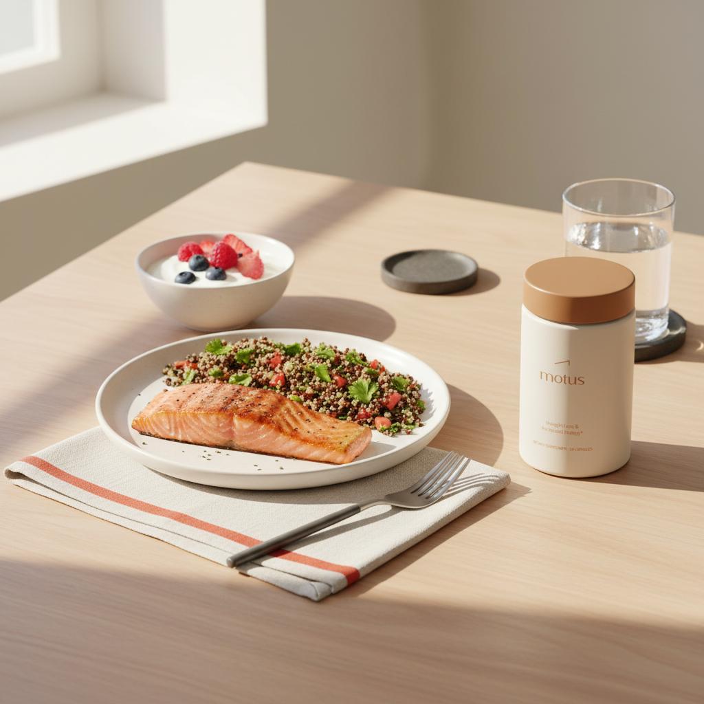 Motus supplement jar beside grilled salmon, quinoa-lentil salad and yogurt with berries on a minimalist table, suggesting a healthy meal for belly fat and weight loss