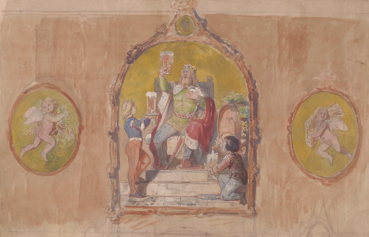 King Gambrinus Raising a Toast with a Beer Mug and a Pair of Pages In Tondi 1886