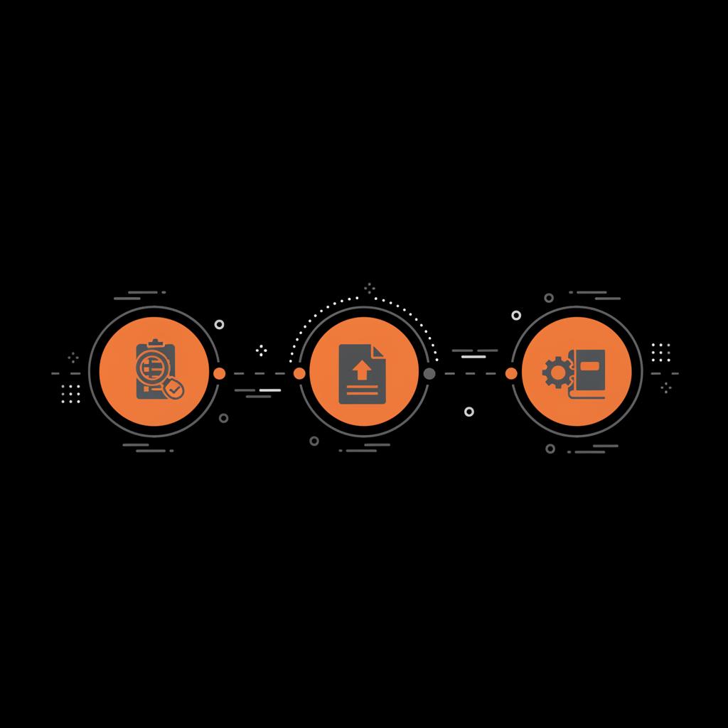 Minimalist 2D vector 90-day roadmap infographic with three milestone icons (audit magnifier, document with share arrow, gear and book) on black background using grey and orange accents for credibility.