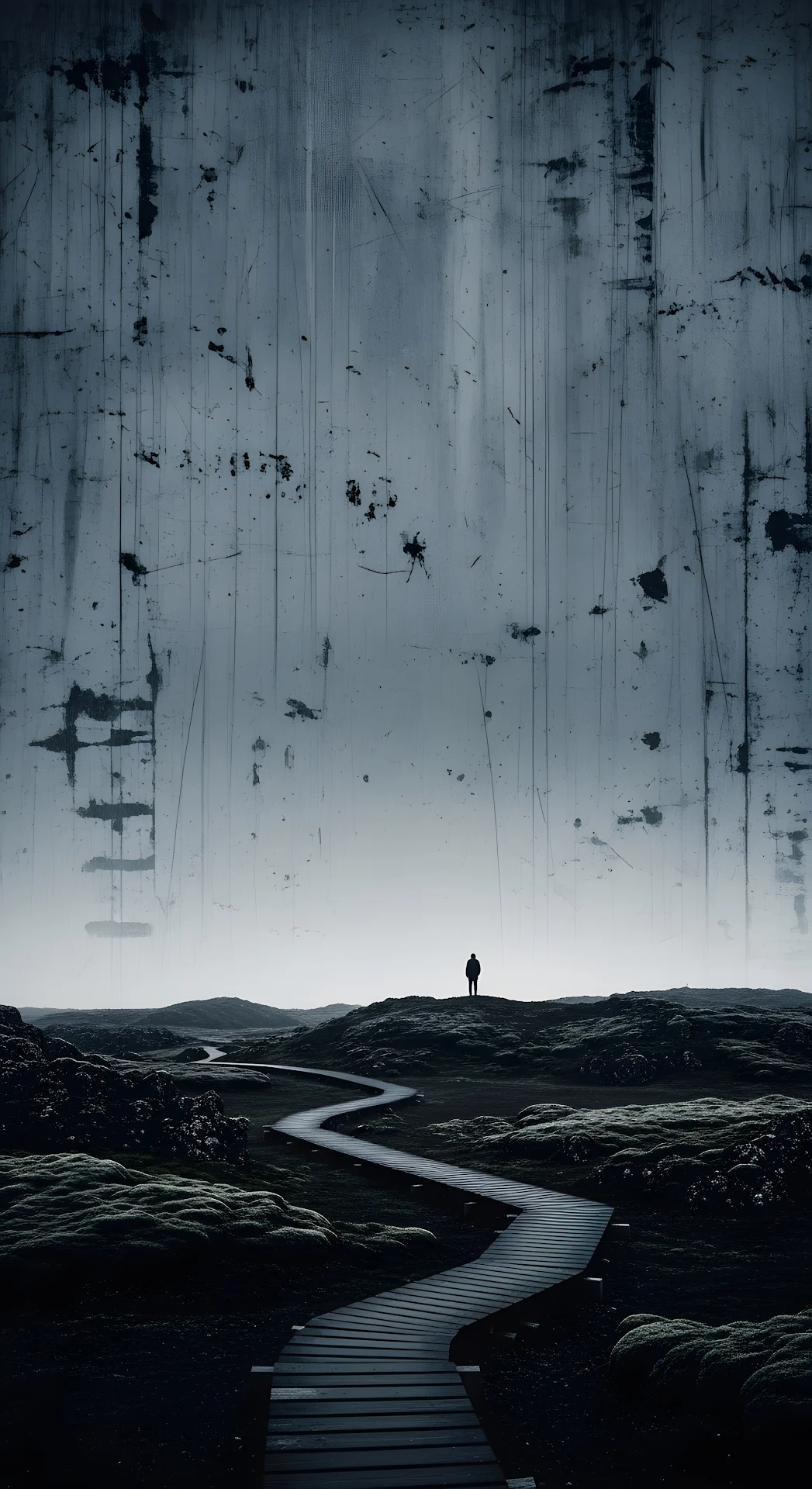 Solitary Figure on Winding Boardwalk in Bleak Landscape - Free 4K mobile Wallpaper