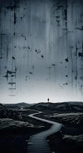 Solitary Figure on Winding Boardwalk in Bleak Landscape