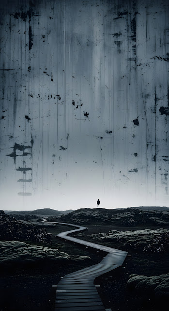 Solitary Figure on Winding Boardwalk in Bleak Landscape - Free mobile Wallpaper