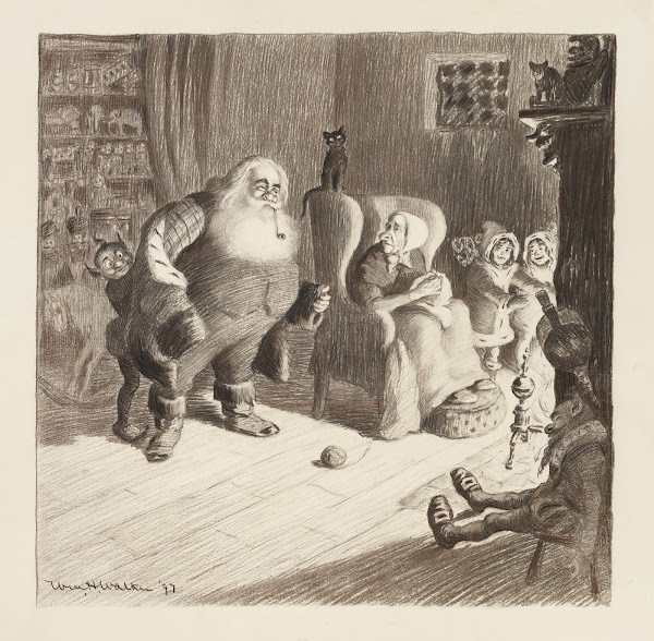 Santa Claus puts on his coat in a parlor with Mrs Claus in her chair two childre