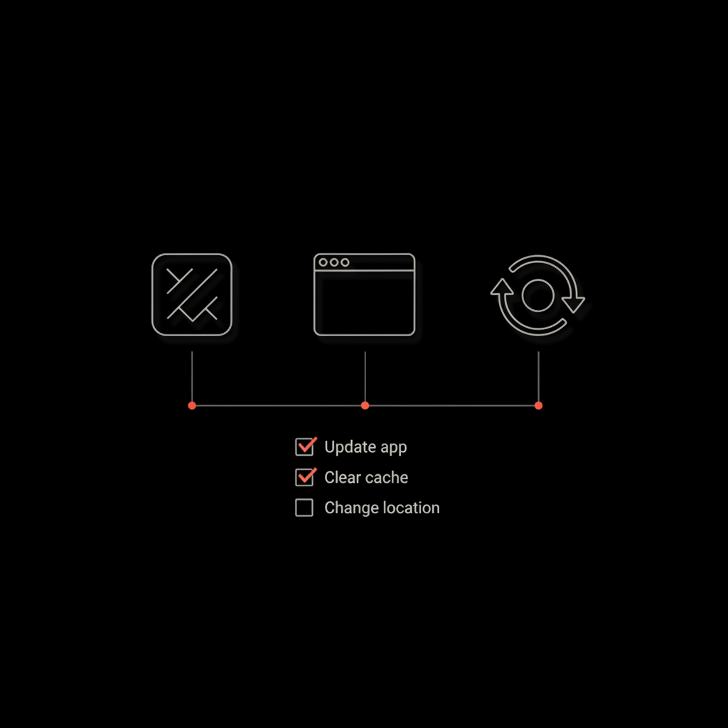 Minimal full-frame infographic on black background with app, browser, and sync icons and checklist: Update app, Clear cache, Change location — Twitter trends not showing.