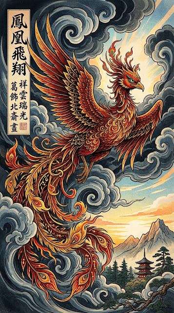 Phoenix in Traditional Japanese Ukiyo-e Style with Calligraphy - Free mobile Wallpaper