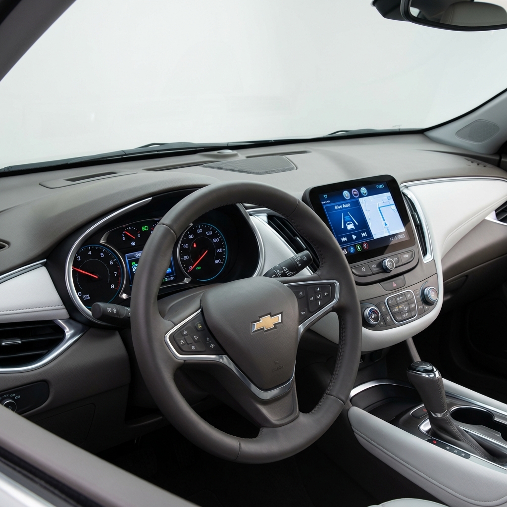 Close up of chevy malibu for sale instrument cluster and infotainment screen showing driver assist icons in a clean minimalist interior with white background and blue accents